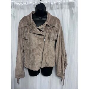 Wrangler Women's Faux Suede Fringe Moto Jacket Tan Size G/L